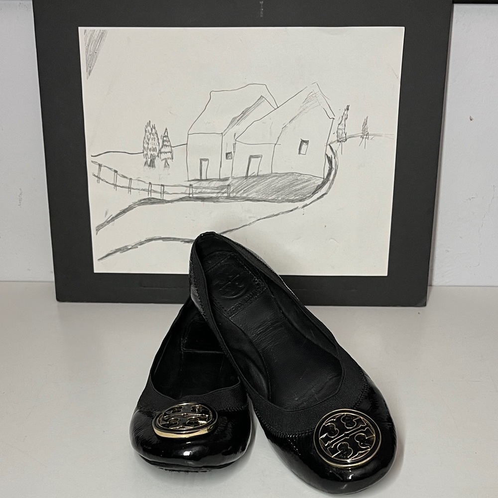 Tory Burch Caroline Ballet Flats Naplak Elastic Black Patent Leather Size 5 M